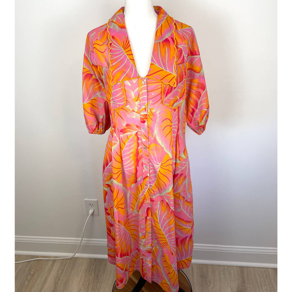 Farm Rio Bright Forest Button Front Midi Dress In Orange Size Medium New - Picture 4 of 16